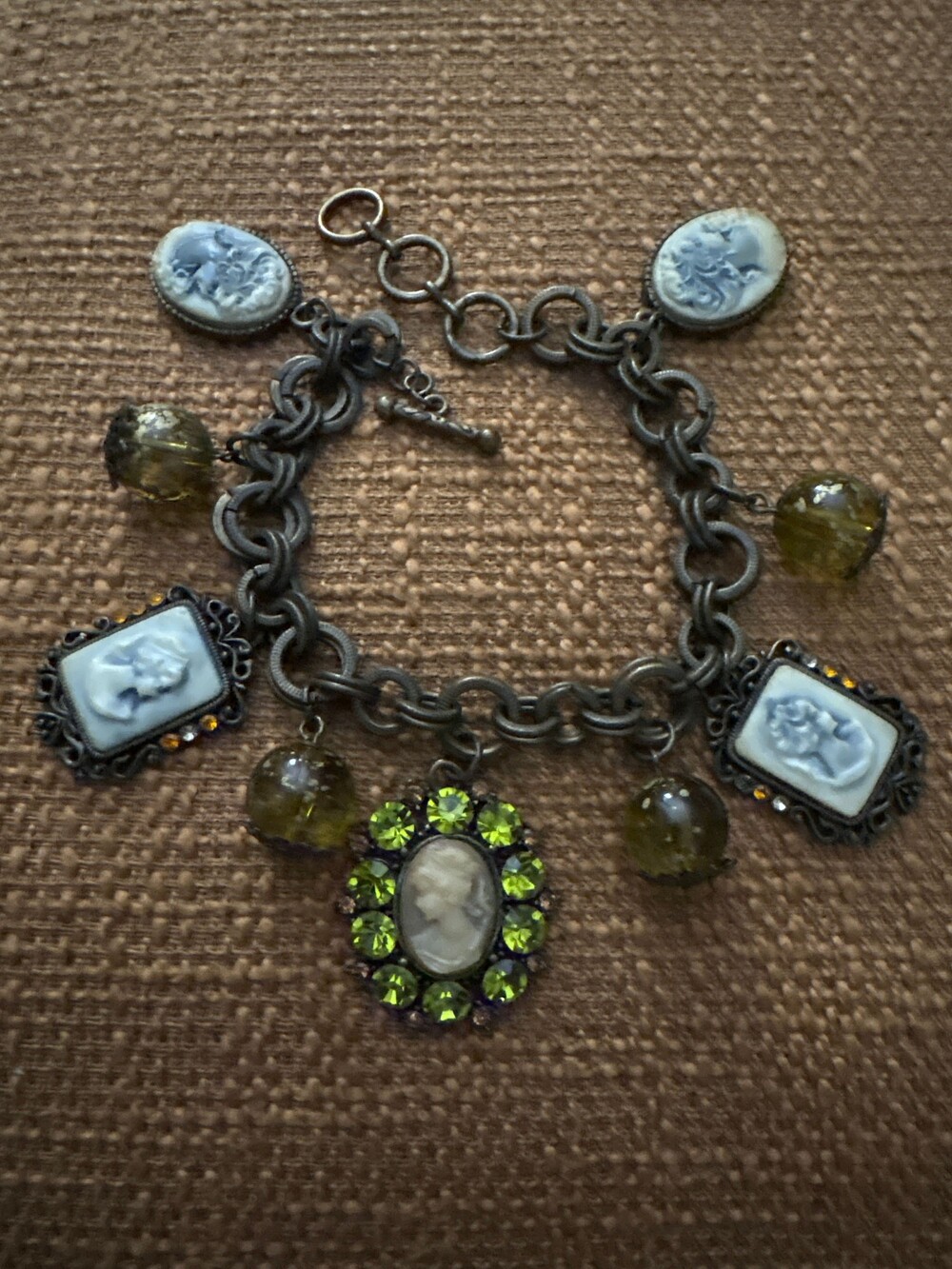 Cameo Bracelet with Green Rhinestone Charms Toggle Clasp